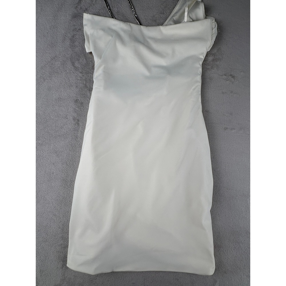 Oh Polly Ivory Ruched Mesh Mini Dress Rhinestone Chain Cutout One Shoulder US 4 - Picture 9 of 10